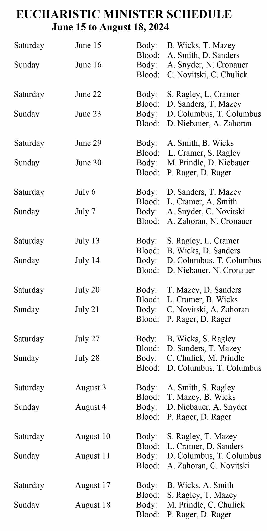 Eucharistic Minister Schedule June 15 to August 18- 2024