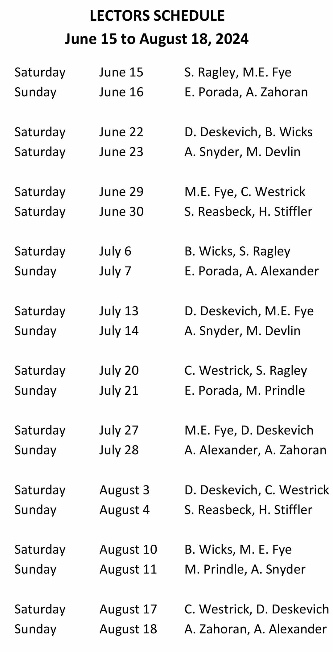 Lector Schedule June 15 to August 18-2024