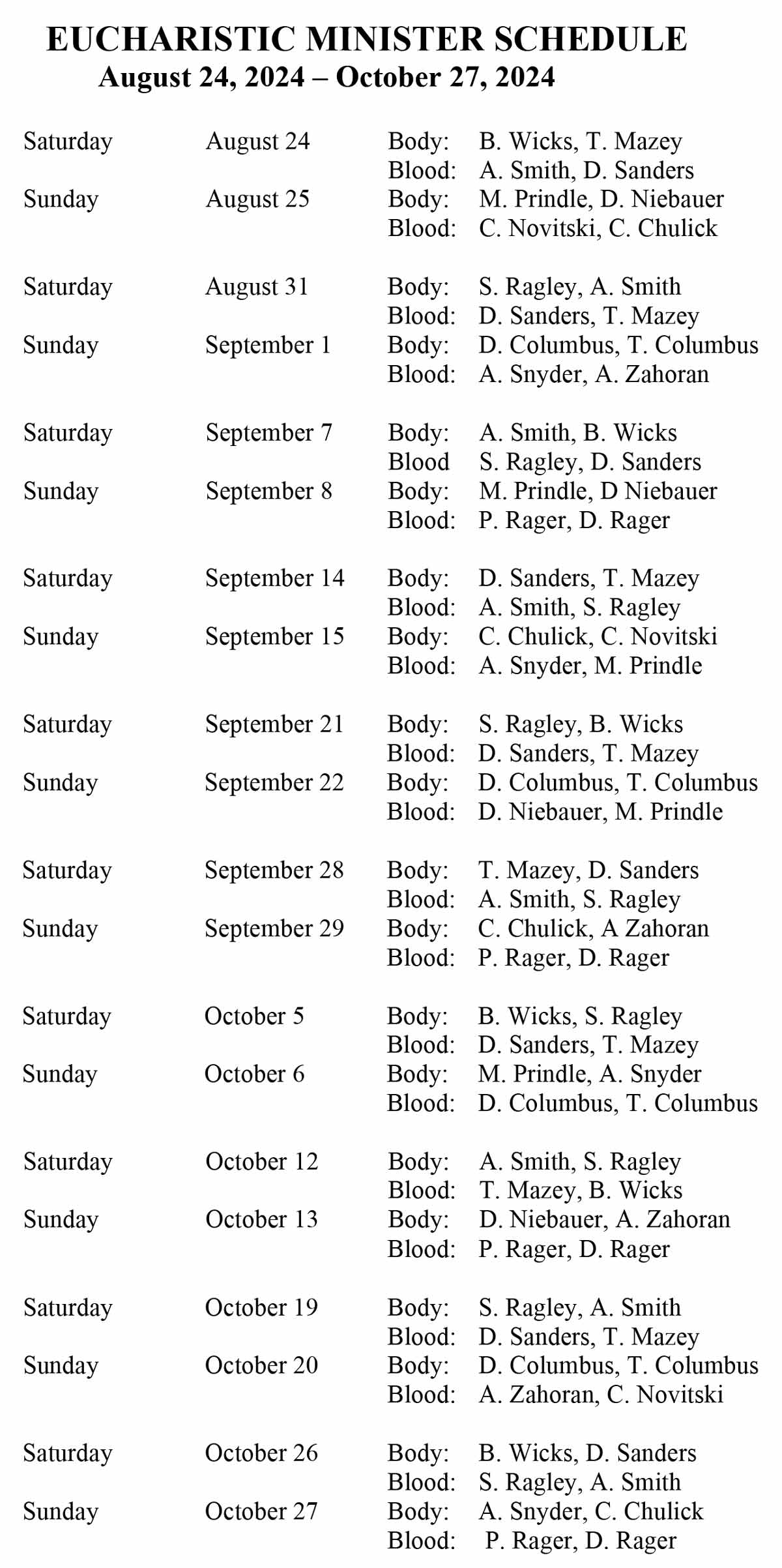 St. John Vianney Eucharistic Minister Schedule August 24 to October 27, 2024