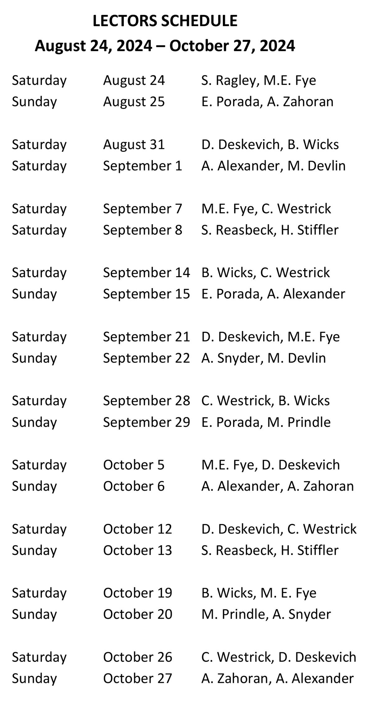 St. John Vianney Lector Schedule August 24 to October 27, 2024