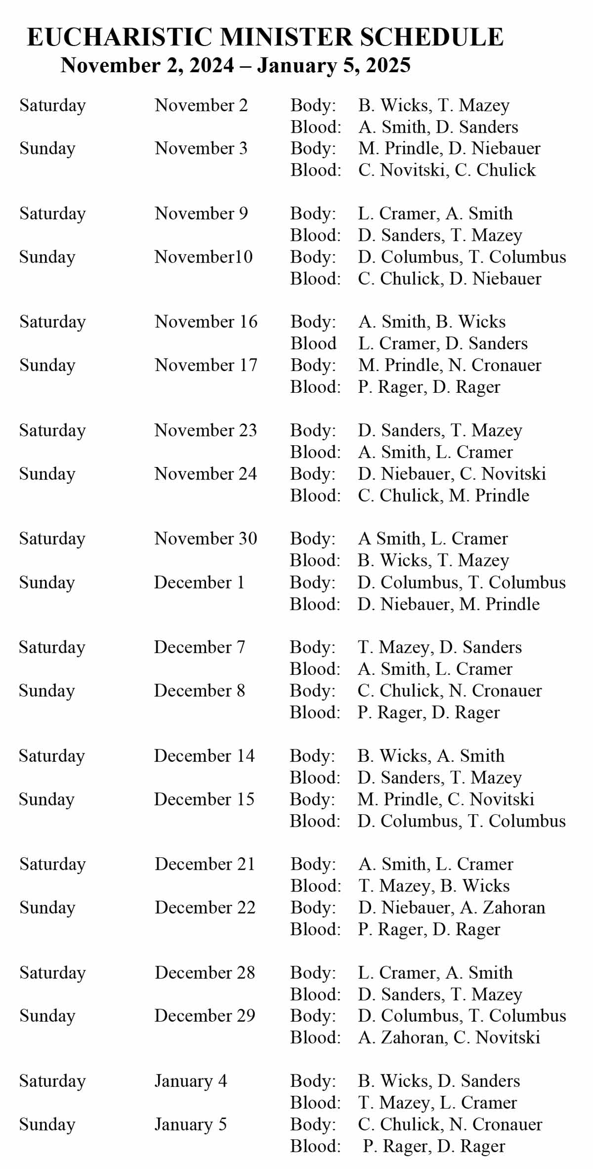 Eucharistic Minister Schedule November 2-2024 to January 5-2025