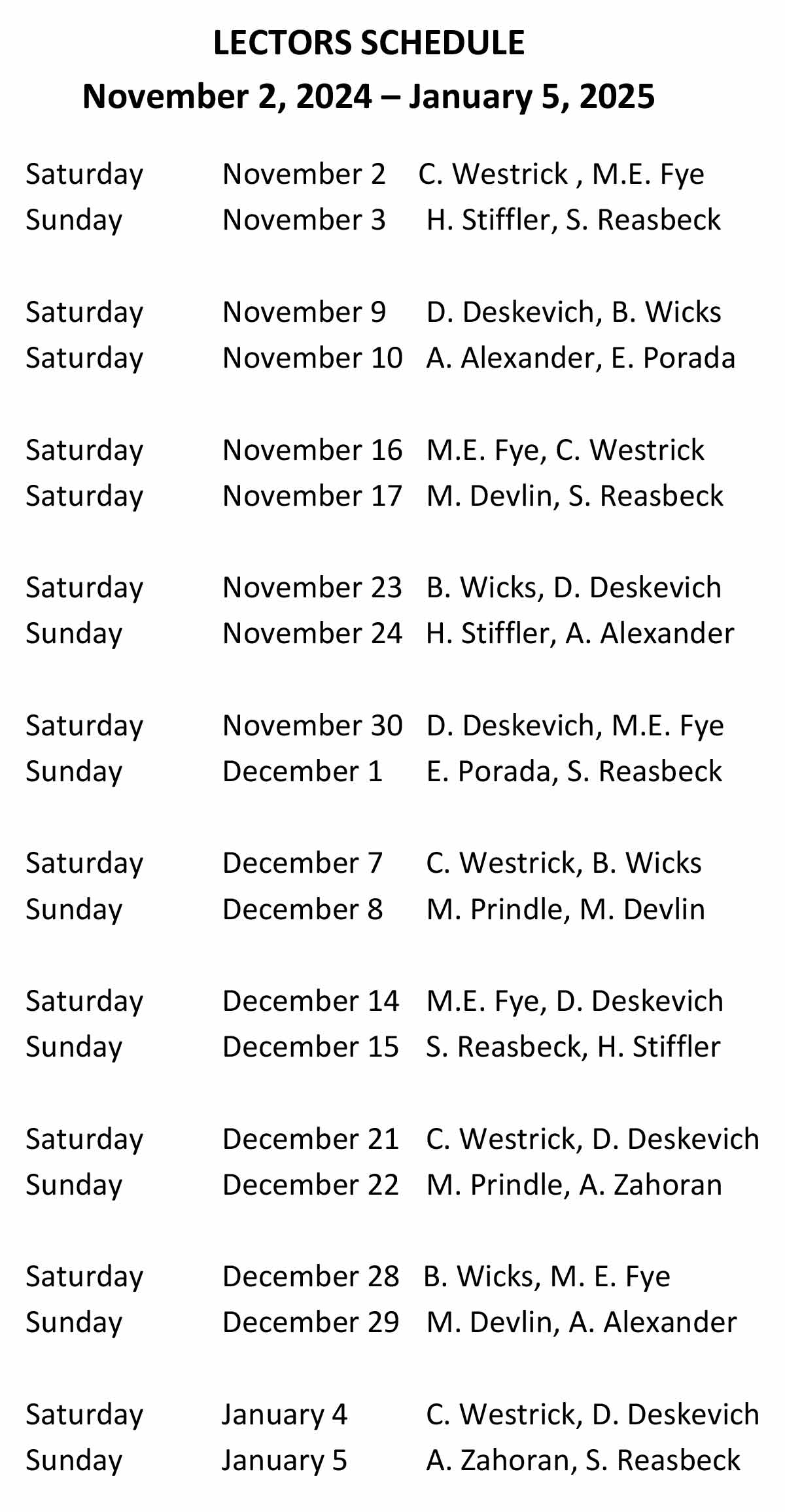 Lector Schedule November 2-2024 to January 5-2025