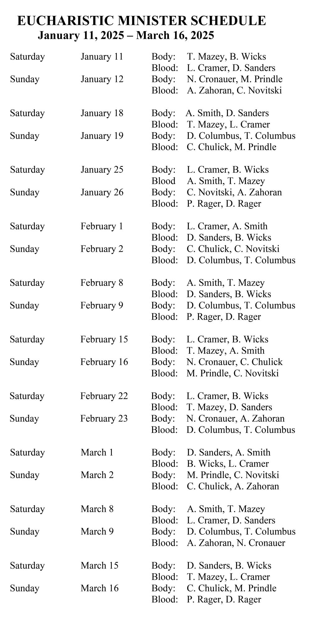 Eucharistic Minister Schedule January 11 to March 16, 2025