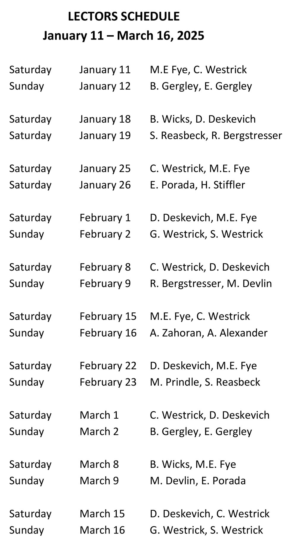 Lector Schedule January 11 to March 16-2025